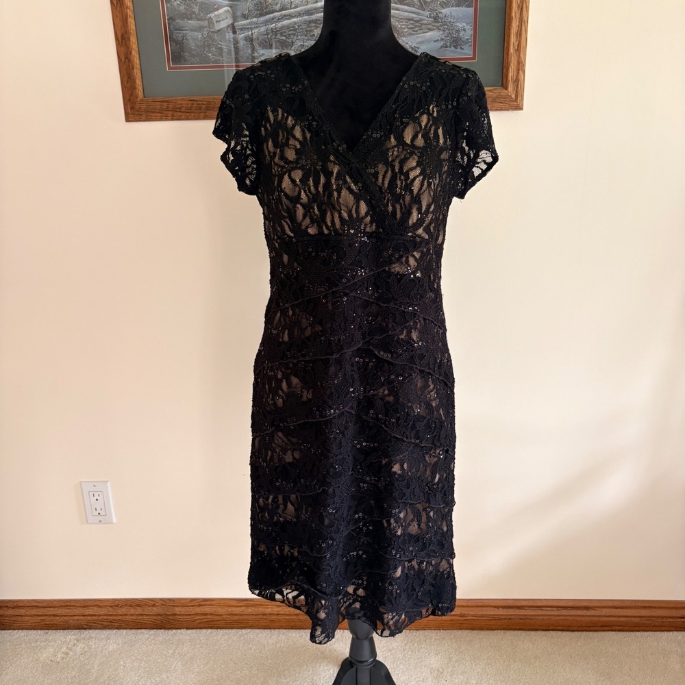 Scarlett Nite Lace Sequin Cocktail Dress Womens 14 Black Tiered Evening Party